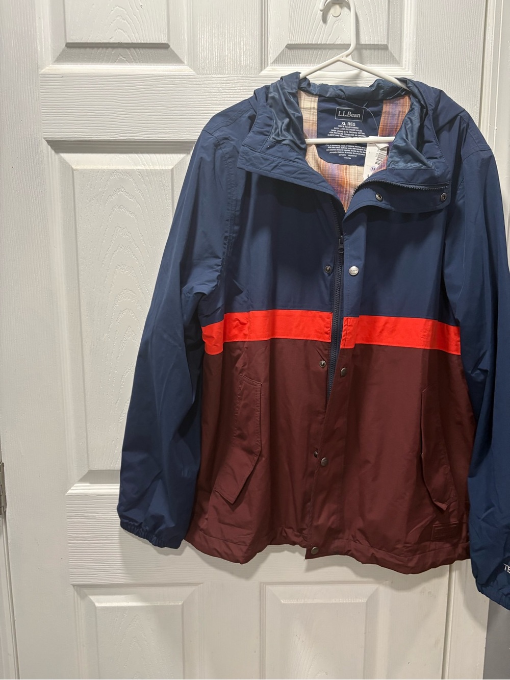 L.L. Bean Navy, Maroon and Red Striped Hooded Raincoat BNWT- size XL